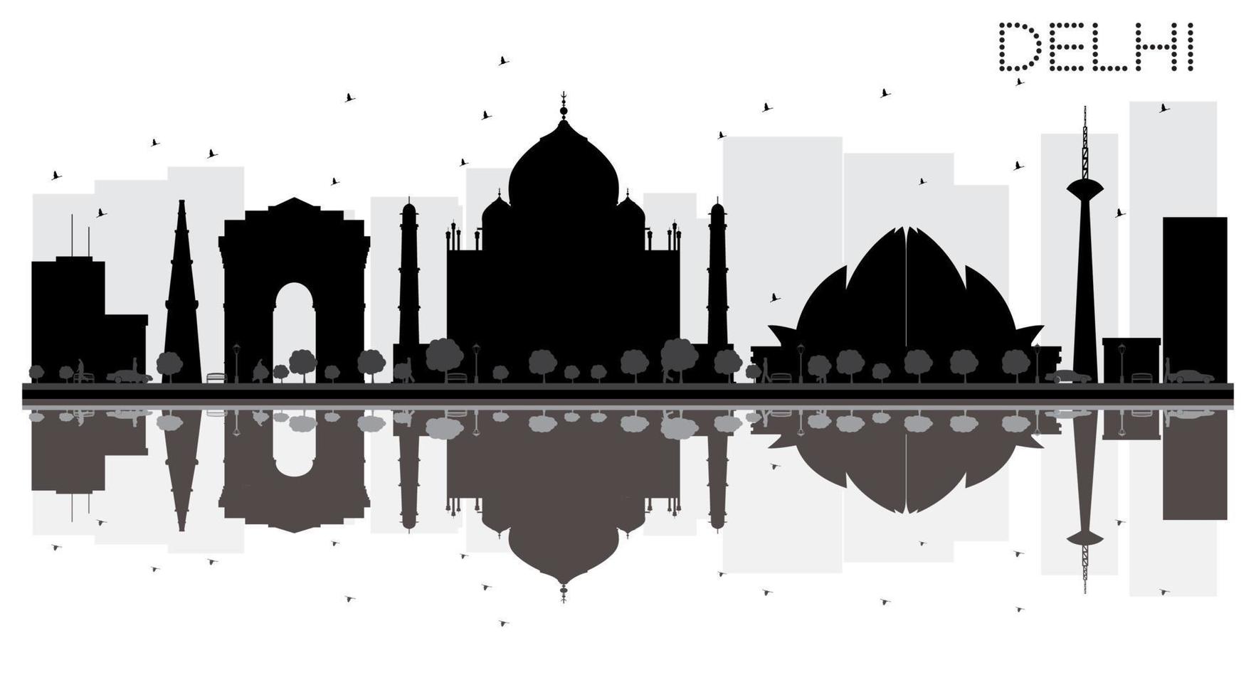 delhi stad horisont svart och vit silhuett med reflektioner. vektor