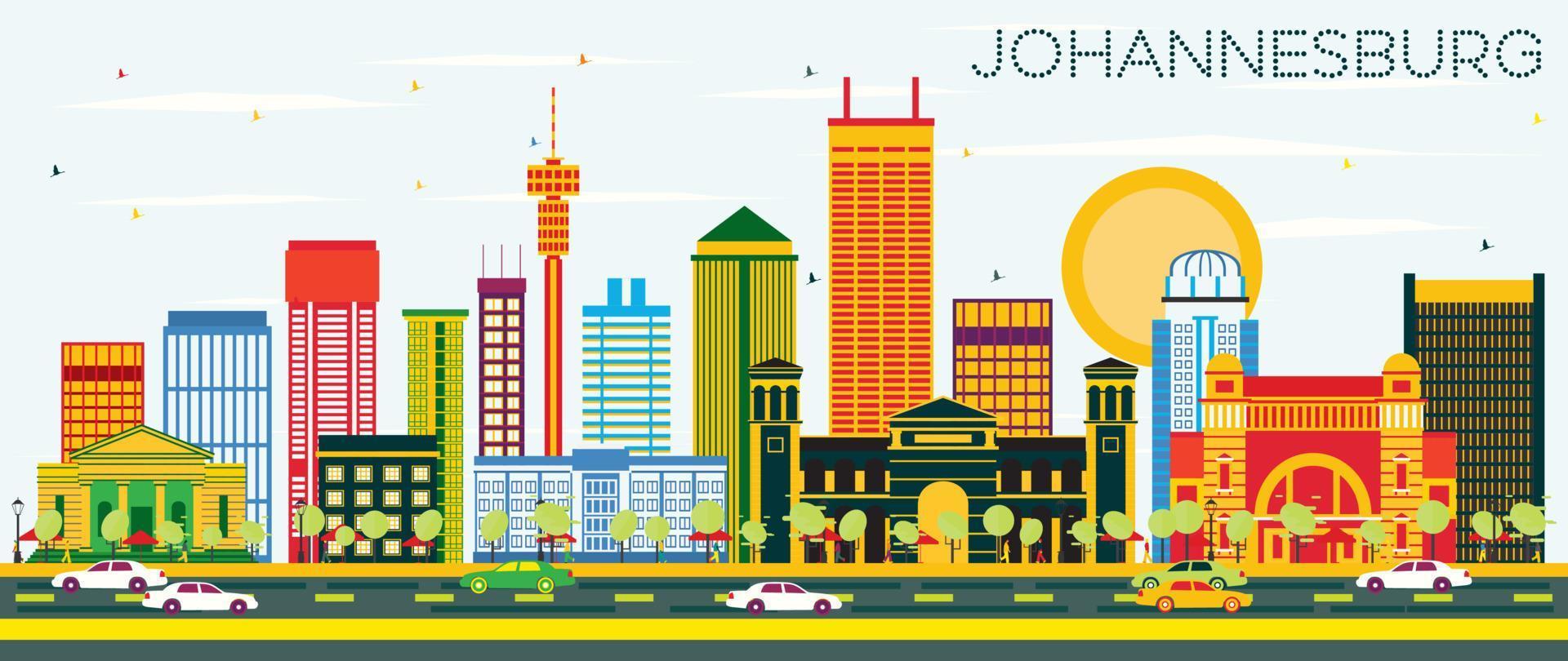 Johannesburg horisont med Färg byggnader och blå himmel. vektor