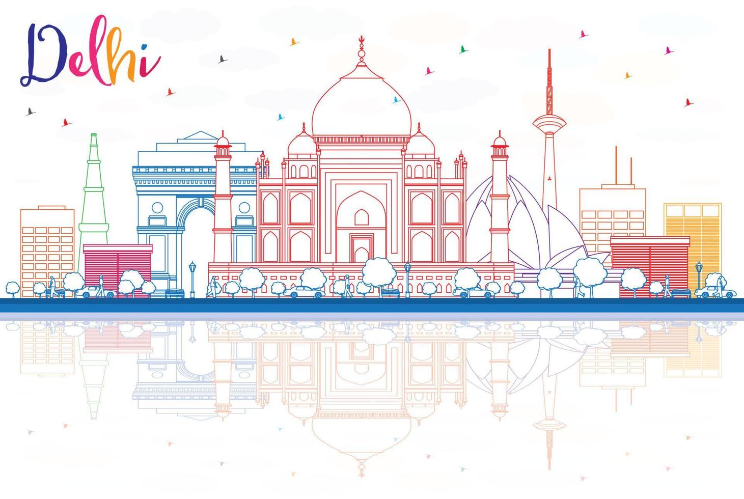 skizzieren sie die skyline von delhi mit farbigen gebäuden und reflexionen. vektor