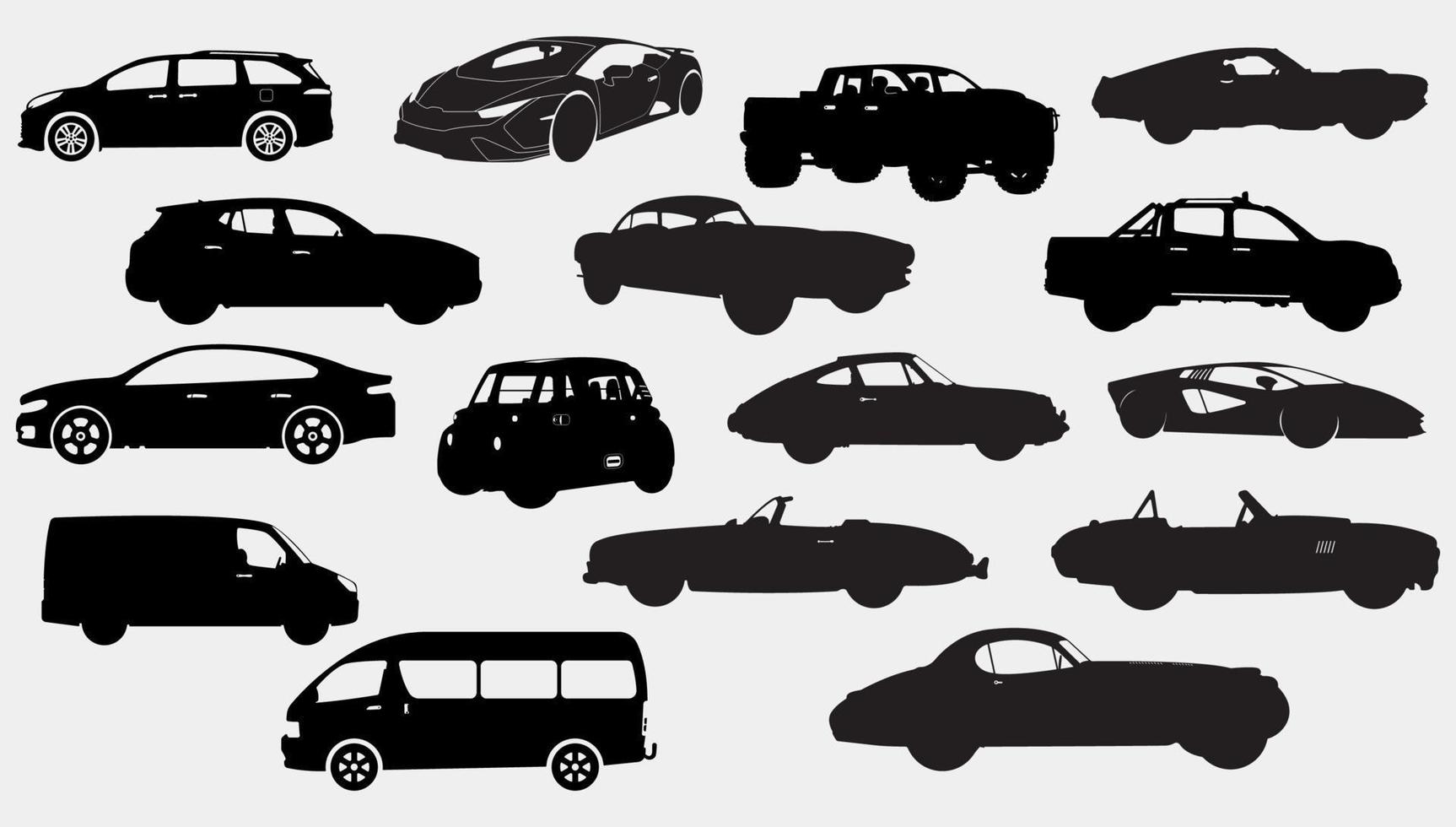 satz von sechzehn autos fahrzeugsilhouetten, klassisch, konvertierbar, schnell, minivan, elektrisch, Pickup, wirtschaftliche schwarz-weiße Fahrzeugillustrationen. vektor