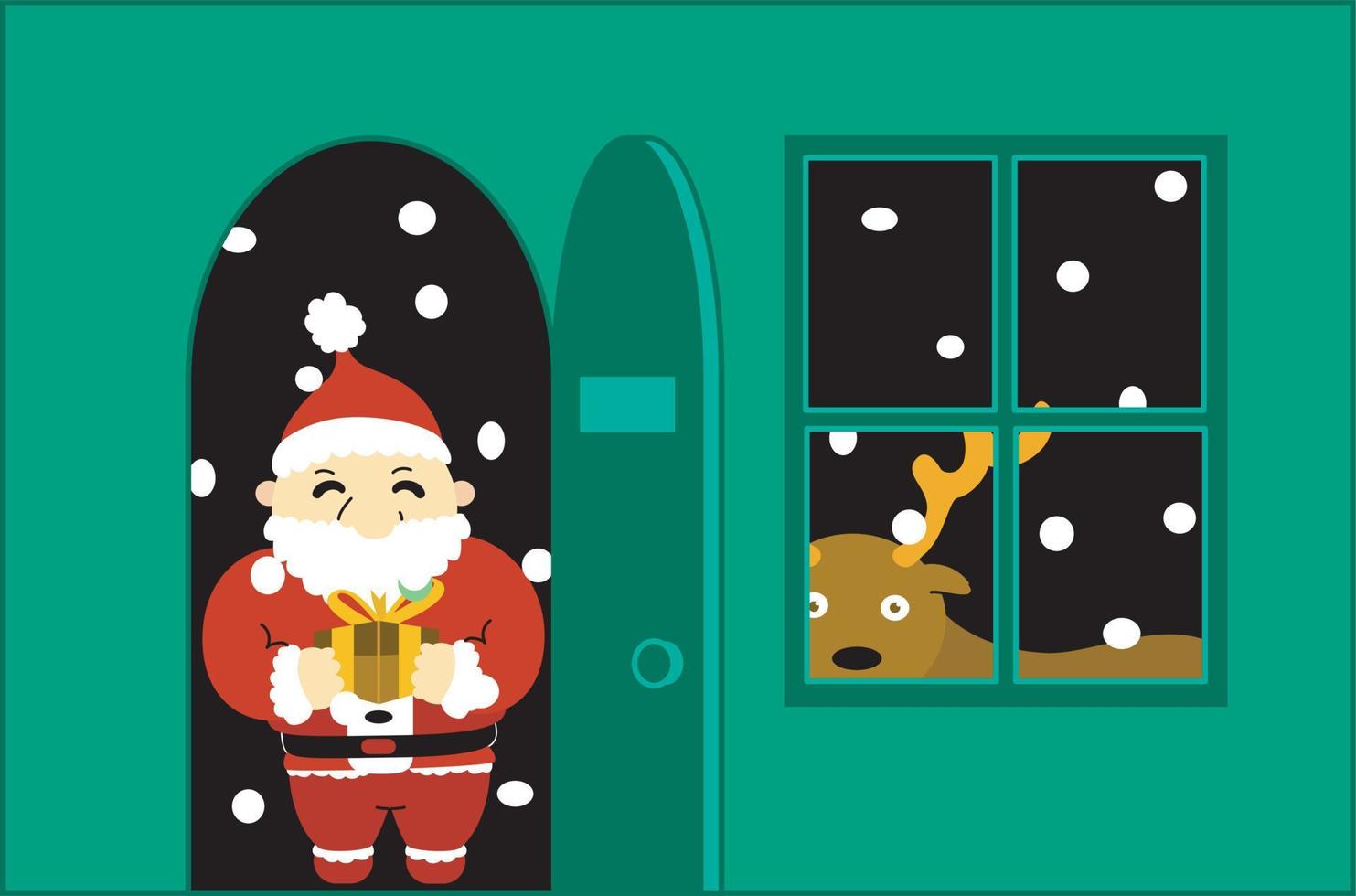 der weihnachtsmann kommt mit einem geschenk und sein rentier lugt in einer verschneiten nacht durch das fenster vektor
