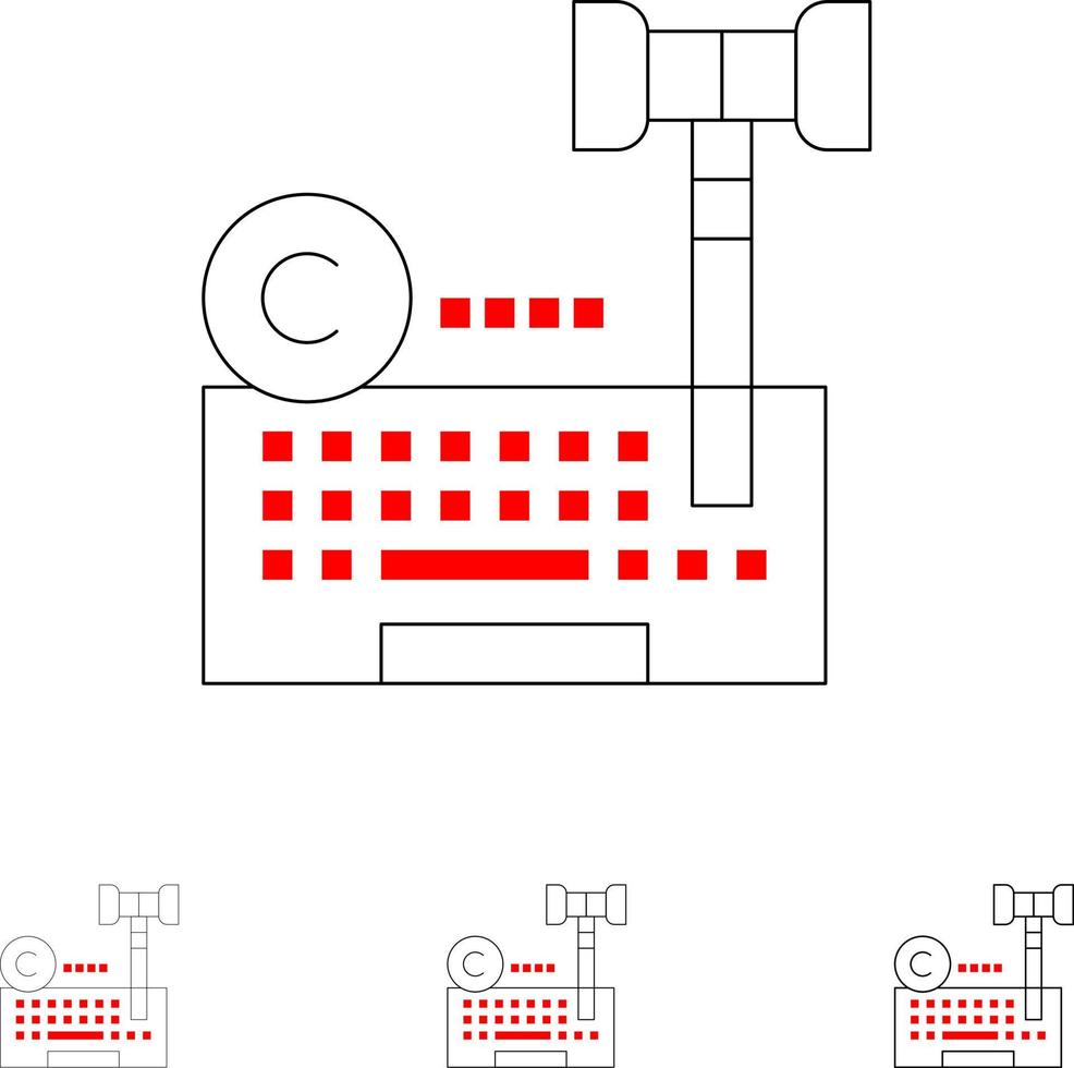 Urheberrecht digitaler Anwalt für Internetrecht Fett und dünne schwarze Linie Symbolsatz vektor