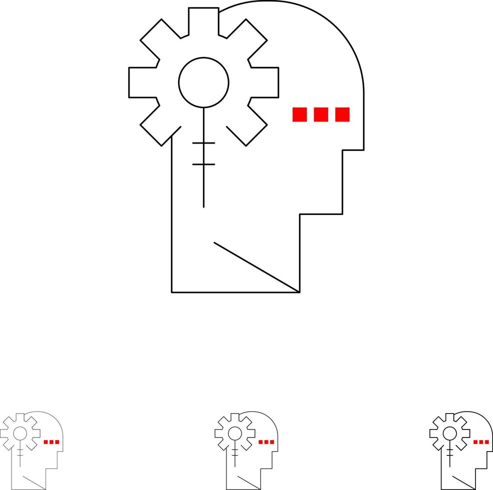analys kritisk mänsklig information bearbetning djärv och tunn svart linje ikon uppsättning vektor