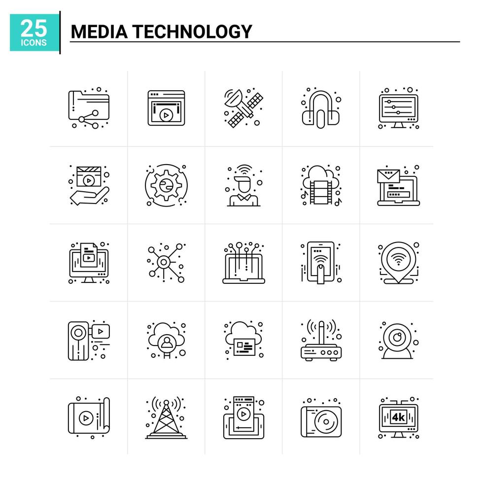 25 Media Technology Icon Set Vektorhintergrund vektor