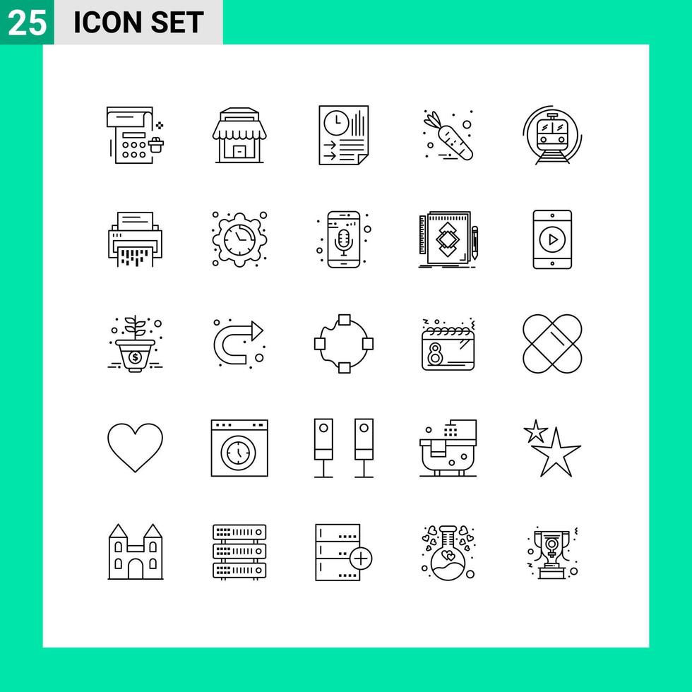 universelle Symbolsymbole Gruppe von 25 modernen Linien intelligenter U-Bahn-Daten Gemüsekarotte editierbare Vektordesign-Elemente vektor