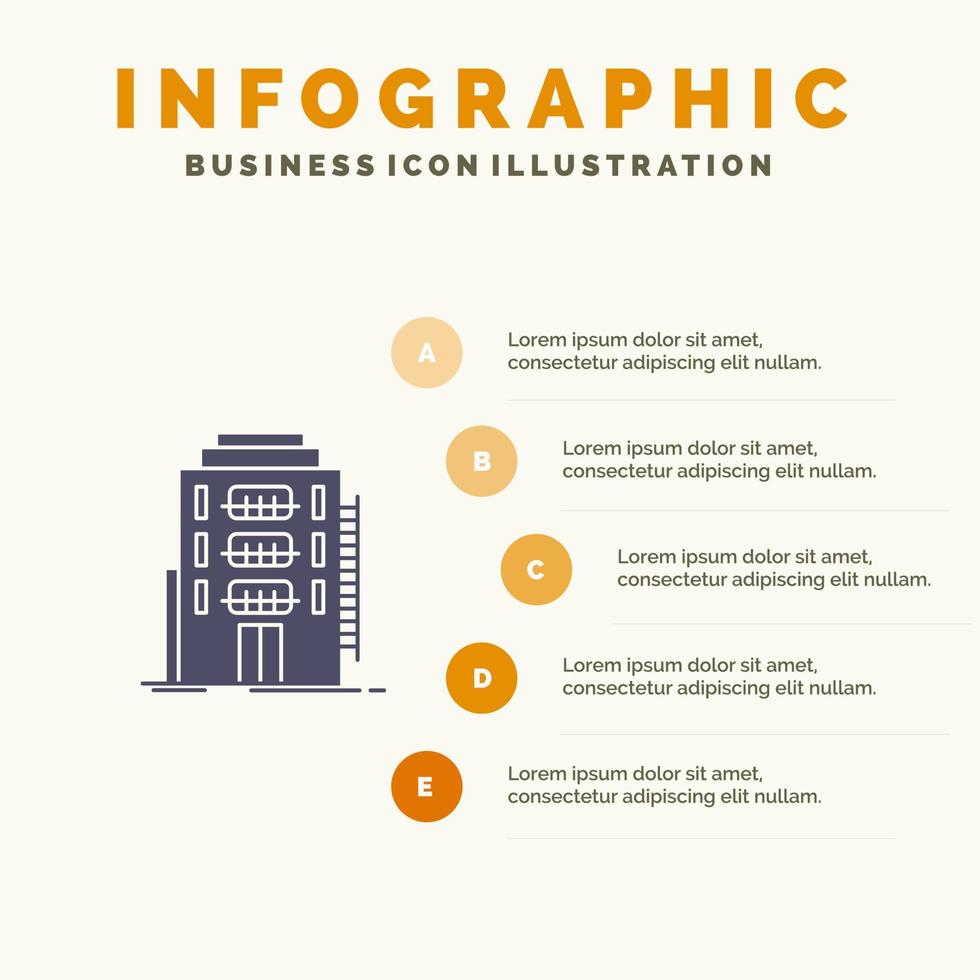 Gebäude Stadt Wohnheim Herberge Hotel solide Symbol Infografiken 5 Schritte Präsentationshintergrund vektor