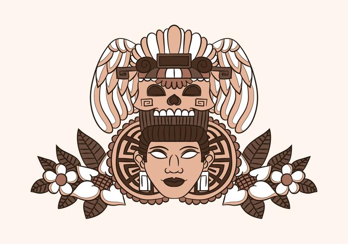 Ornament aztekische Frau mit ethnischen Schädel und Blätter mit Blumen vektor