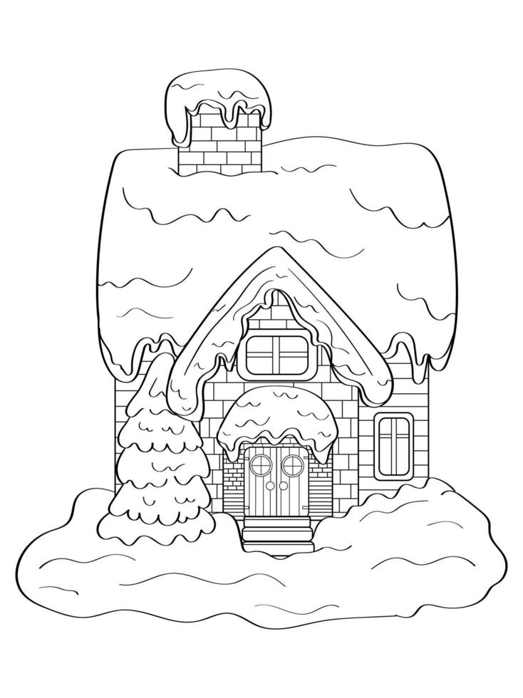 winterhaus aus holz und ziegeln, mit schnee mit weihnachtsbaum, schwarzer umriss isoliert auf weißem hintergrund, vektorillustration, feiertagsdekoration, farbseite vektor