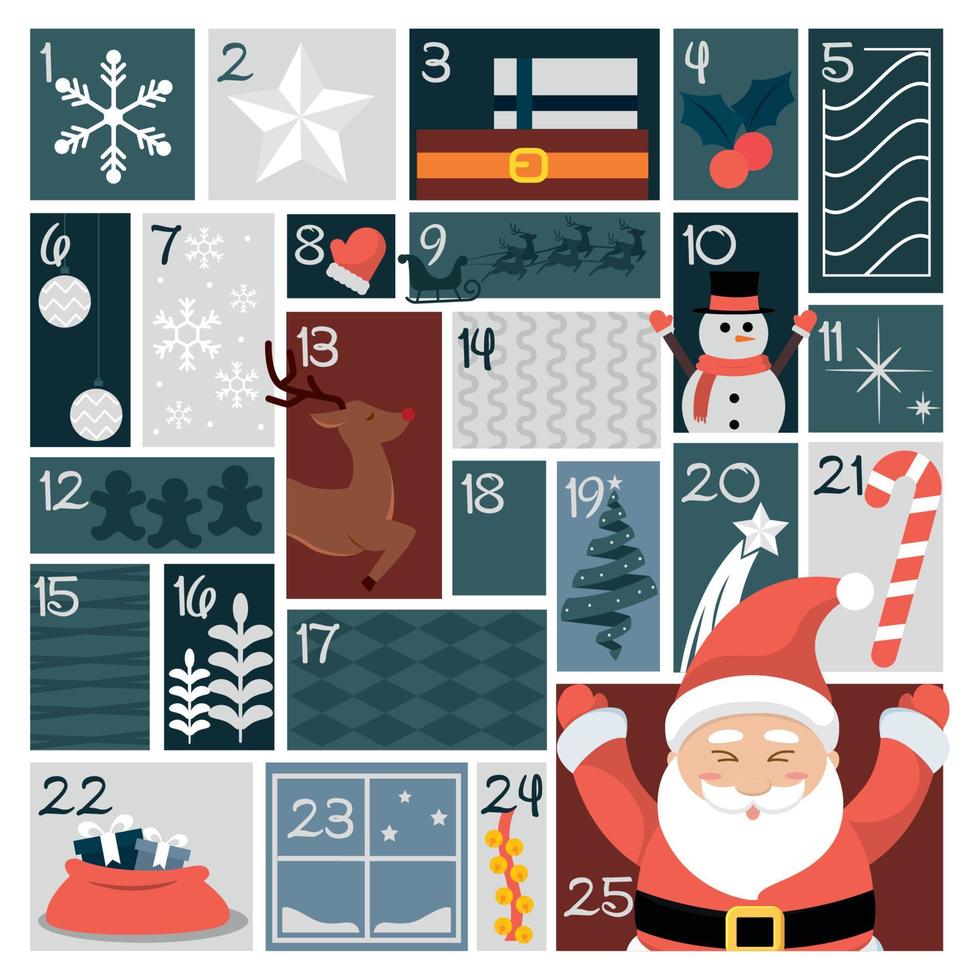 färgad jul första advent kalender med traditionell objekt vektor illustration