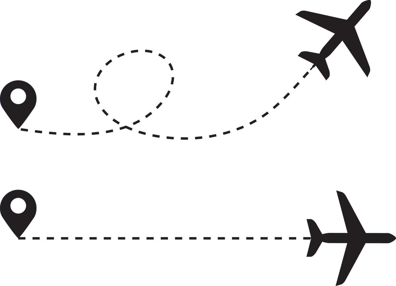 de flyg väg av de flygplan från de punkt av plats längs de prickad linje. flyg rutt från en vägpunkt med ett flygplan silhuett vektor