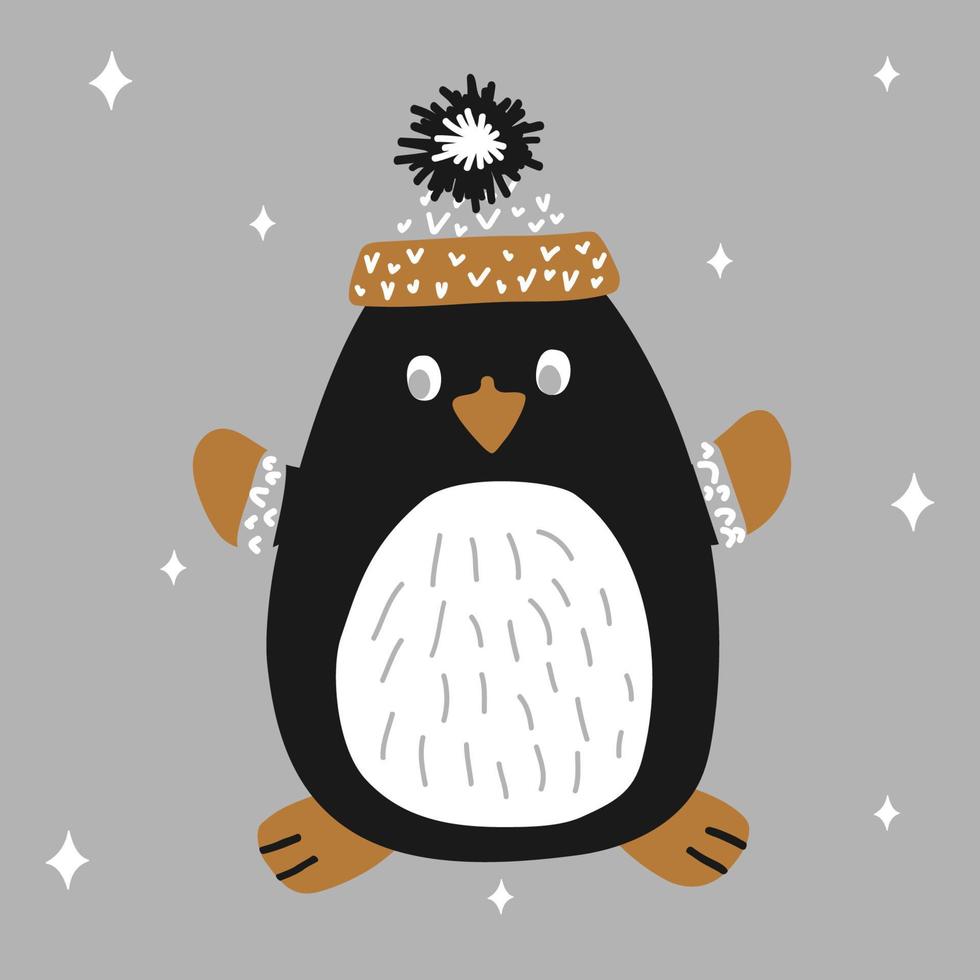 weihnachtssüßer pinguin in einer strickmütze und handschuhen auf einem weißen hintergrund mit schneeflocken im skandinavischen handgezeichneten stil. Vektorillustration, einfaches Objekt. geeignet für eine grußkarte oder ein banner vektor