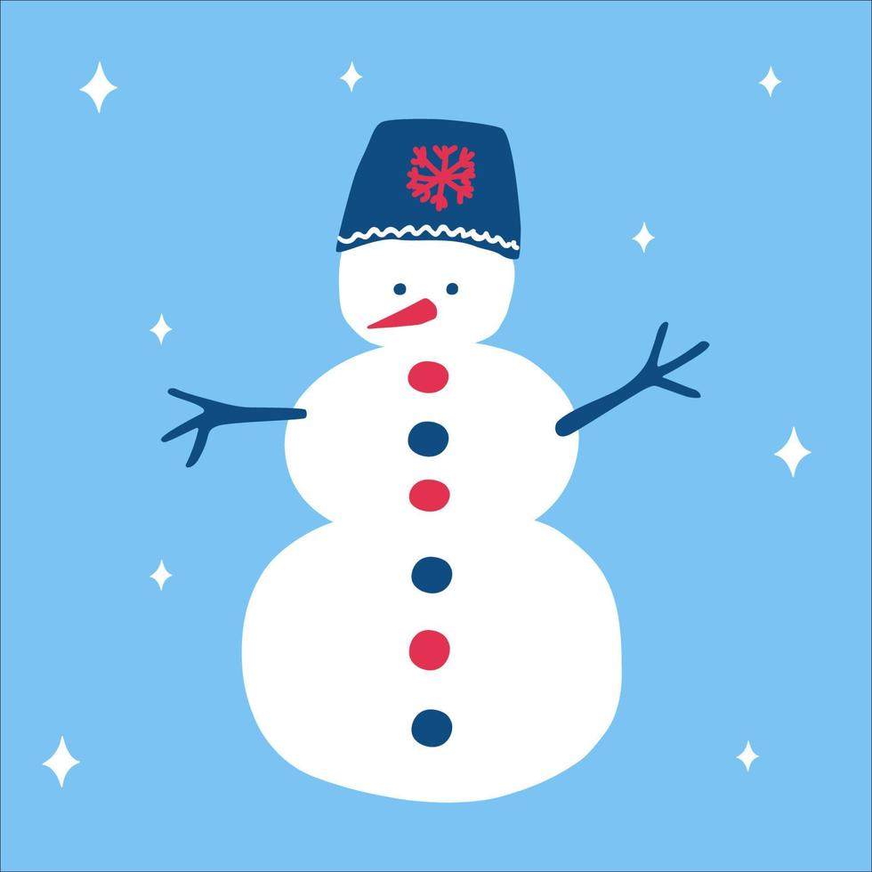 weihnachtlicher traditioneller schneemann in einem schönen hut auf blauem hintergrund mit schneeflocken im skandinavischen gekritzelstil. Vektorillustration, einfaches Objekt, quadratisches Format. geeignet für soziale Medien vektor