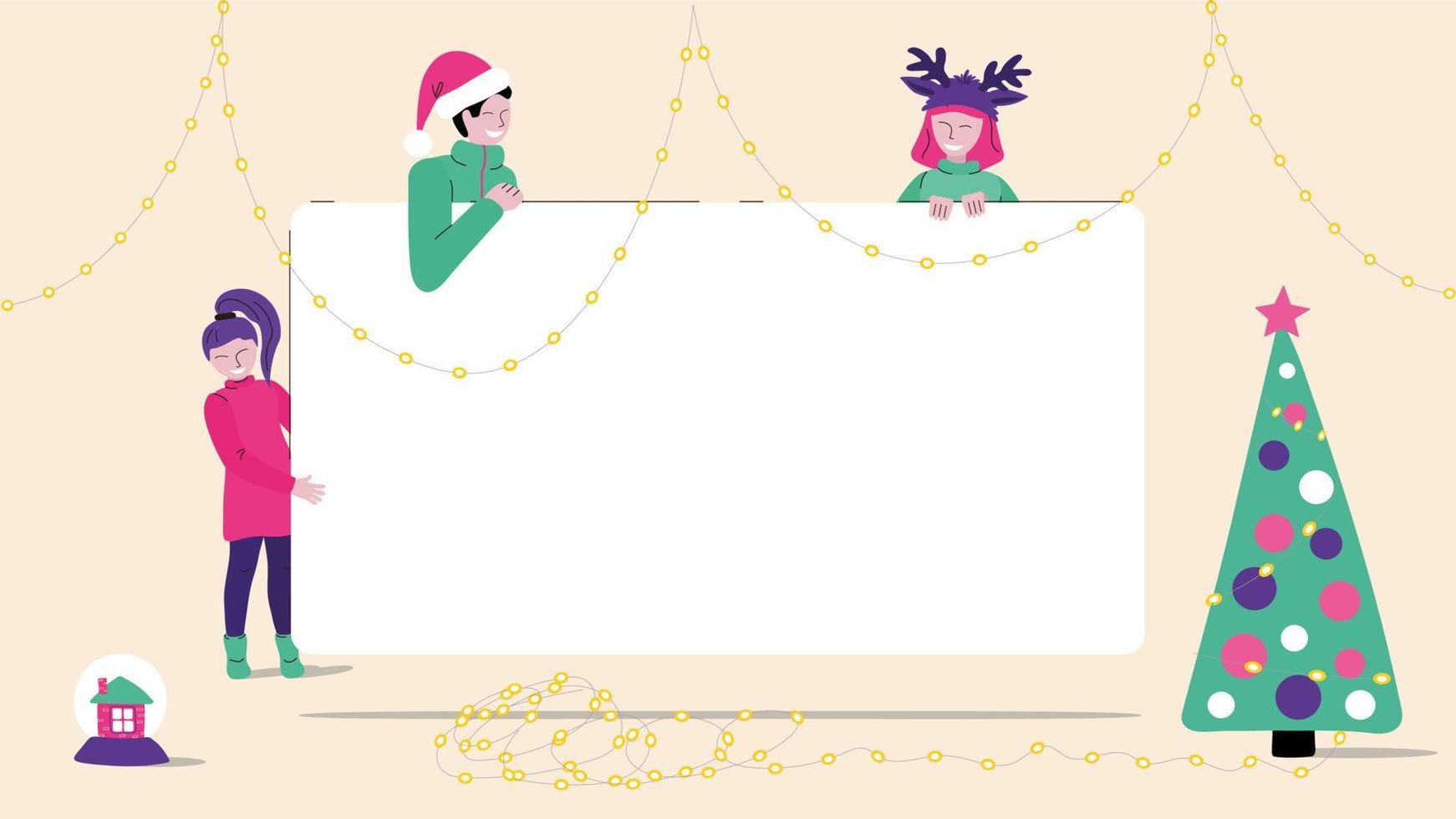 fröhliche weihnachtsfamilie, die ein weißes banner hält, ein platz für ihren text. konzepterstellung und feiertagsgrüße. helle Vektorillustration im flachen Stil auf Segelchampagnerhintergrund. vektor