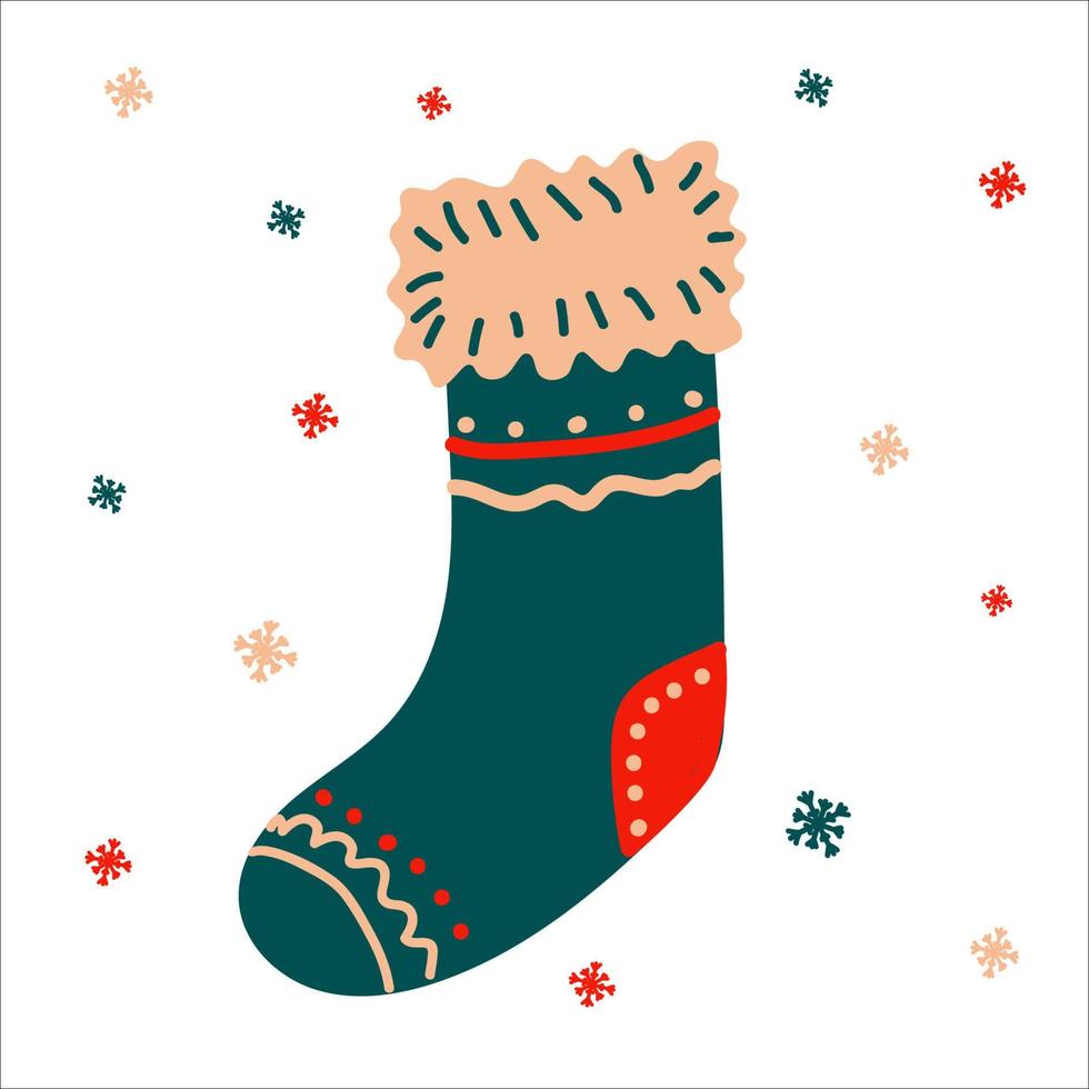 weihnachtlicher traditioneller stiefel für geschenke im skandinavischen handgezeichneten stil mit schriftzug. vektorillustration, ein einfaches helles objekt, quadratisches format. geeignet für soziale Medien vektor