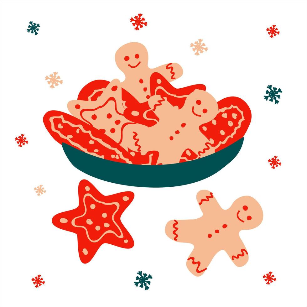 jul traditionell tallrik med pepparkaka män och småkakor stjärnor på en vit bakgrund med snöflingor i scandinavian hand dragen stil. vektor illustration, fyrkant formatera för en hälsning kort