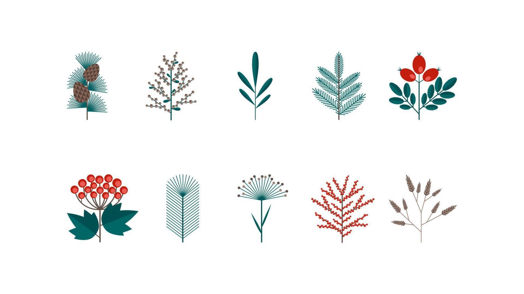 jul vinter- blommig uppsättning i en platt retro stil. bär, blad, blomma för skapande vykort, banderoller och mönster. vektor illustration isolerat på en vit bakgrund.