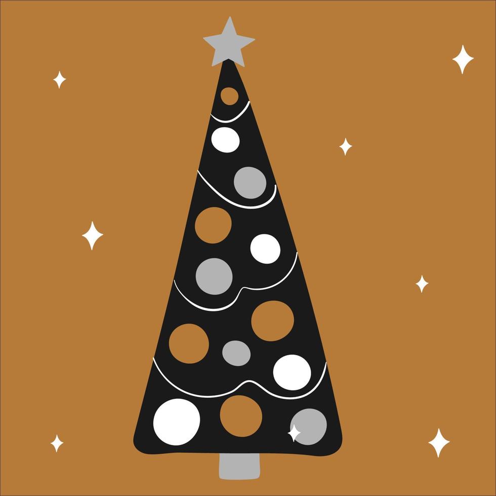 Urlaub geschmückter Weihnachtsbaum mit Girlanden und Kugeln auf weißem Hintergrund in Gold, Silber, Schwarz. vektorillustration, im skandinavischen handgezeichneten stil, quadratisches format. vektor