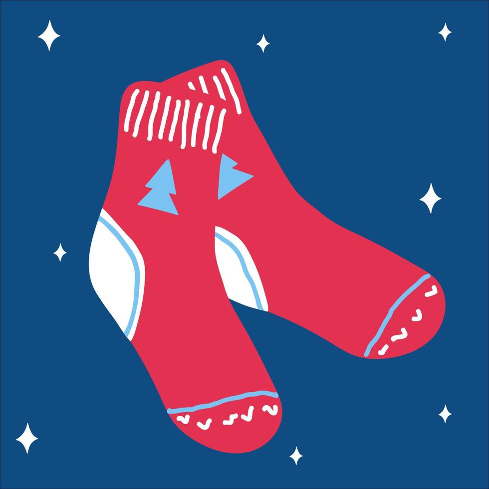 jul traditionell värma röd strumpor i scandinavian klotter stil på en klassisk blå bakgrund. vektor illustration, ett enkel ljus objekt, fyrkant formatera. lämplig för social media