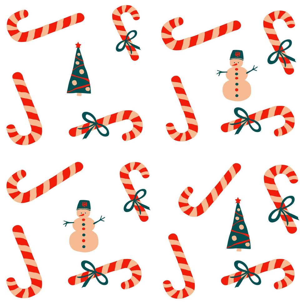 nahtloses vektormuster neujahr und weihnachten im stil der skandinavischen einfachen handzeichnung. Feiertagssymbol - Zuckerstange, Schleife, Band, Schneemann, Tanne. verzierung für druck, verpackung, textil, stoff vektor