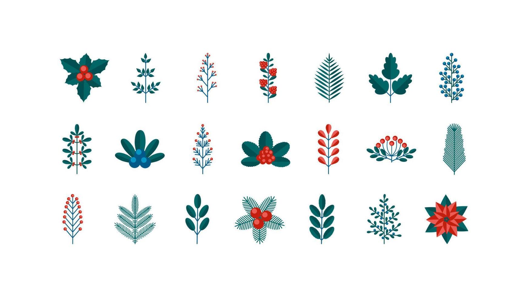 jul vinter- blommig element uppsättning i en platt retro stil. bär, blad, blomma samling. vektor illustration isolerat på en vit bakgrund för vykort, banderoller och mönster.