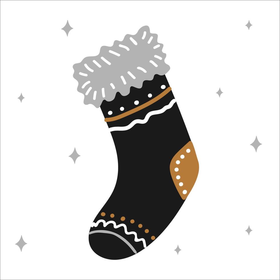 weihnachtlicher traditioneller stiefel für geschenke im skandinavischen handgezeichneten stil in den farben gold, silber, schwarz. Vektorillustration, ein einfaches Objekt, quadratisches Format. geeignet für soziale Medien vektor