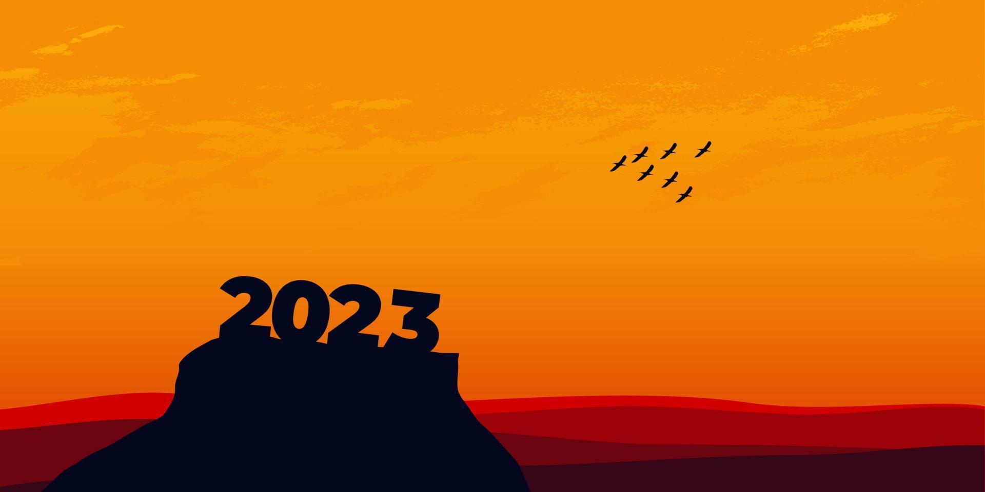 frohes neues jahr 2023 mit großen silhouettenbuchstaben auf dem berg mit einem wunderschönen sonnenuntergang für erfolgskonzept. Neujahrskonzept vektor