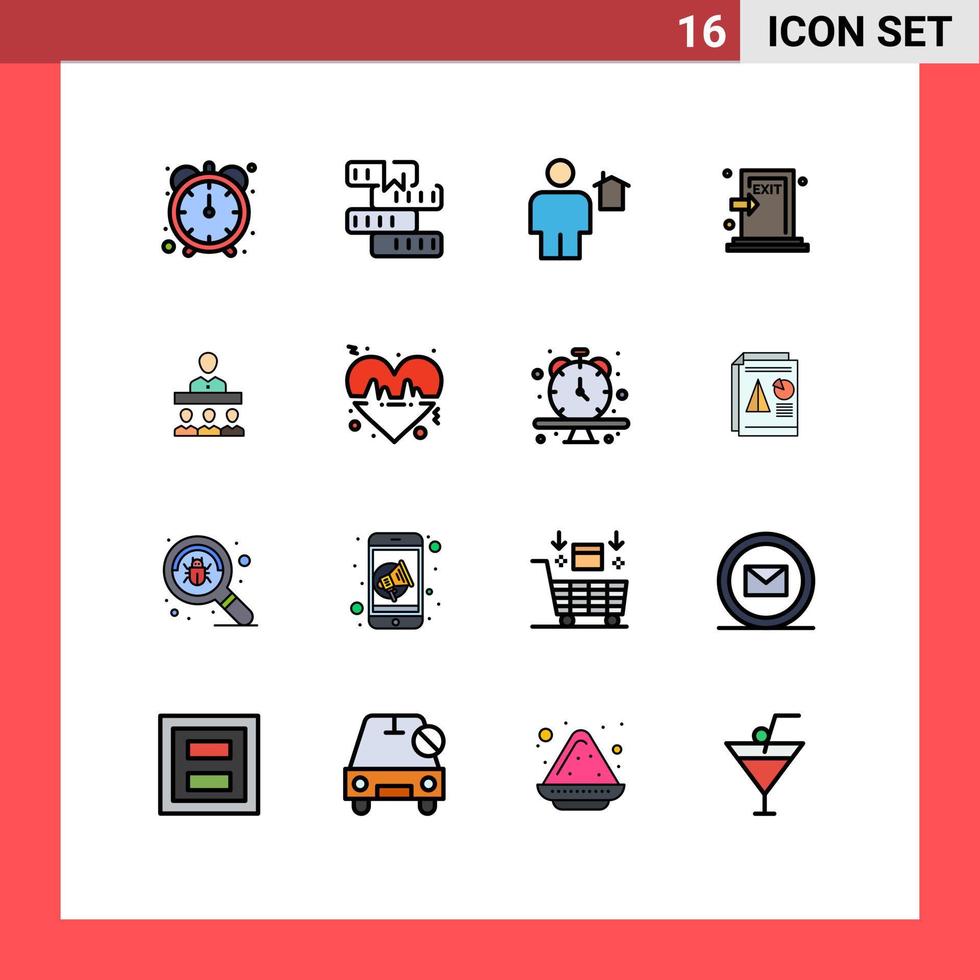 16 platt Färg fylld linje begrepp för webbplatser mobil och appar utgång evakuera avatar fly mänsklig redigerbar kreativ vektor design element