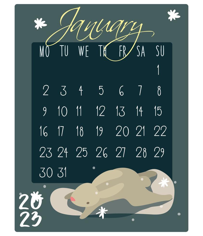 kalender för de månad med kaniner för 2023. kanin i januari. kalender månad för utskrift på papper och textilier. baner, folder, vykort. vektor