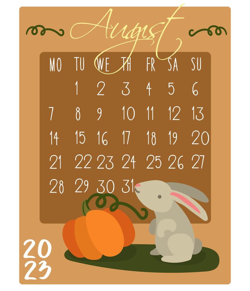 kalender für den monat mit kaninchen für 2023. kaninchen im august. Kalendermonat für den Druck auf Papier und Textilien. Banner, Flugblatt, Postkarte. vektor