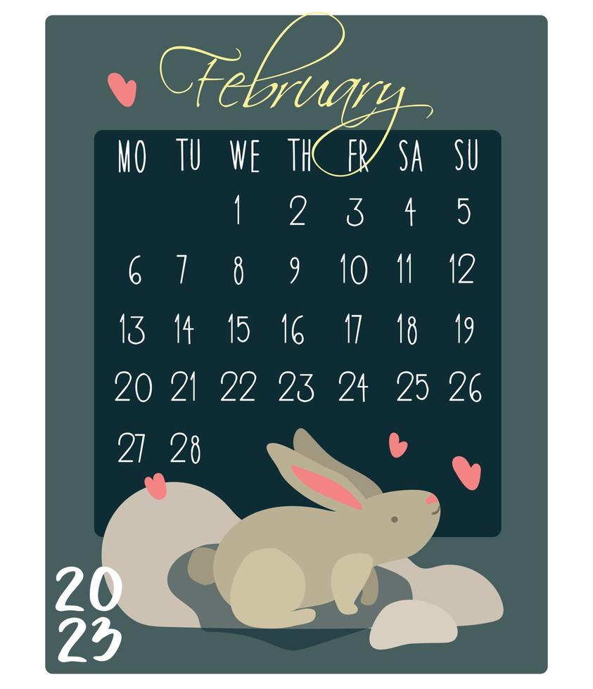 kalender för de månad med kaniner för 2023. kanin i februari. kalender månad för utskrift på papper och textilier. baner, folder, vykort. vektor