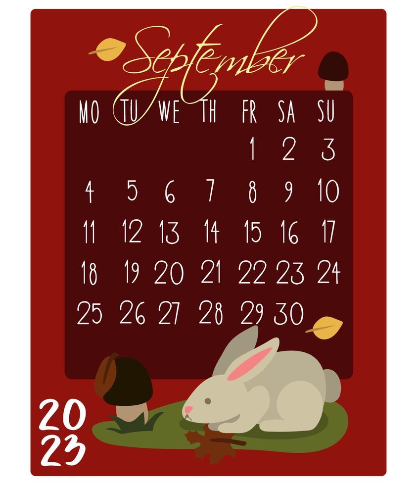 kalender för de månad med kaniner för 2023. kanin i september. kalender månad för utskrift på papper och textilier. baner, folder, vykort. vektor