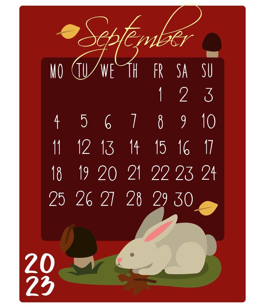 kalender für den monat mit kaninchen für 2023. kaninchen im september. Kalendermonat für den Druck auf Papier und Textilien. Banner, Flugblatt, Postkarte. vektor