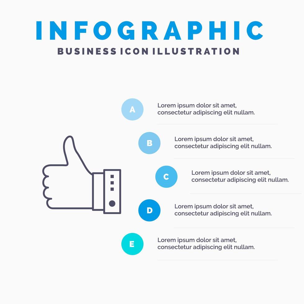 tycka om finger gest hand tummen upp ja linje ikon med 5 steg presentation infographics bakgrund vektor