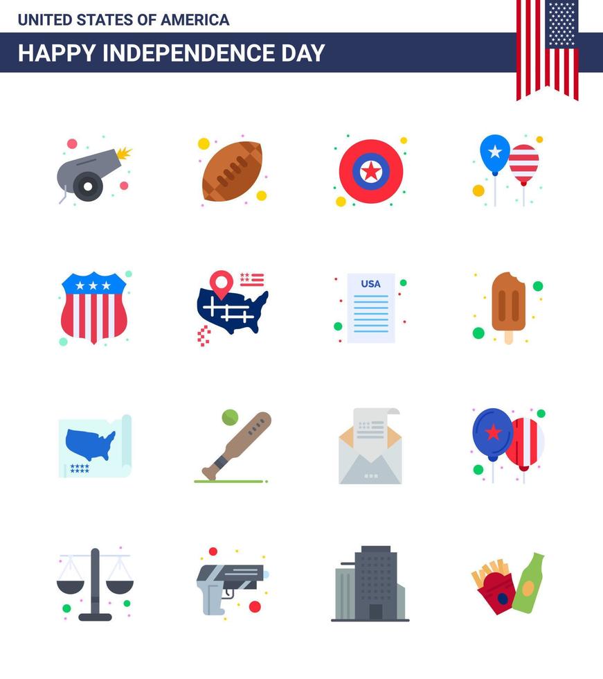 USA oberoende dag platt uppsättning av 16 USA piktogram av undersöker Amerika flagga bricka fest fira redigerbar USA dag vektor design element