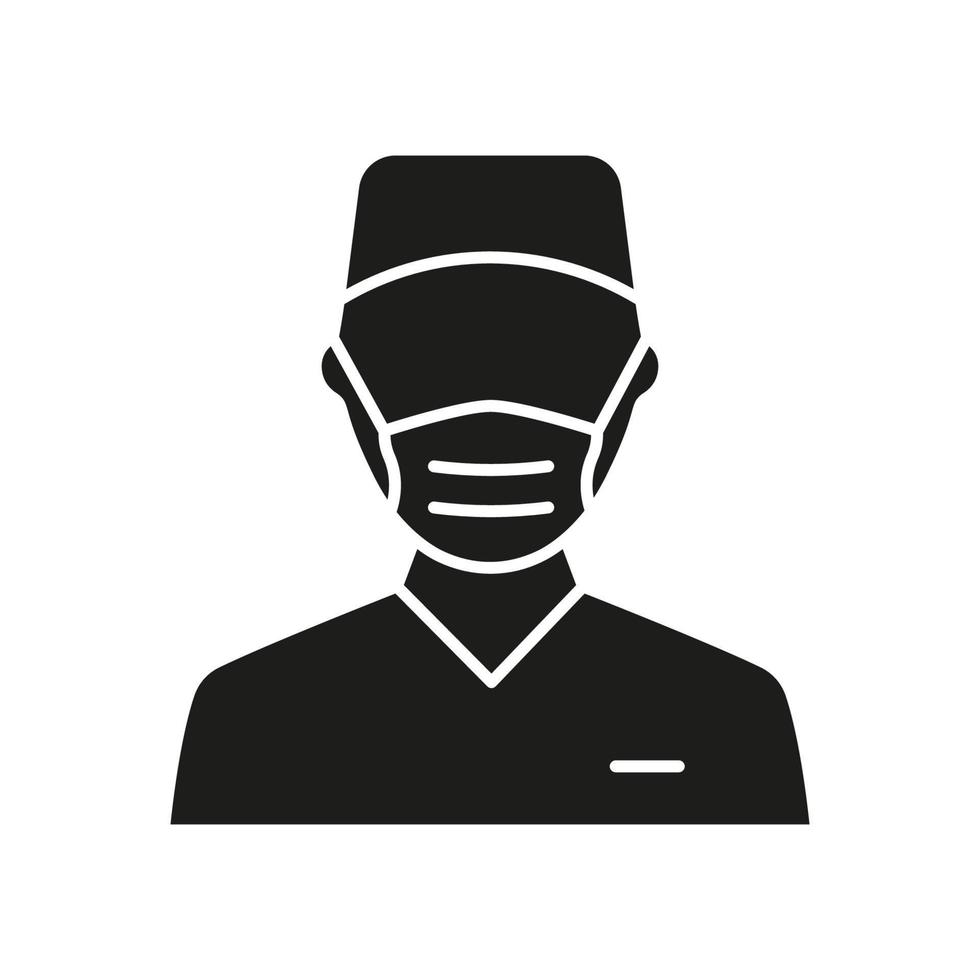 Chirurg Mann Arzt Silhouette Symbol. Spezialist für plastische Chirurgie für medizinische Maske Glyphe schwarzes Piktogramm. professionelles chirurgenpersonal im krankenhaus-symbol. isolierte Vektorillustration. vektor