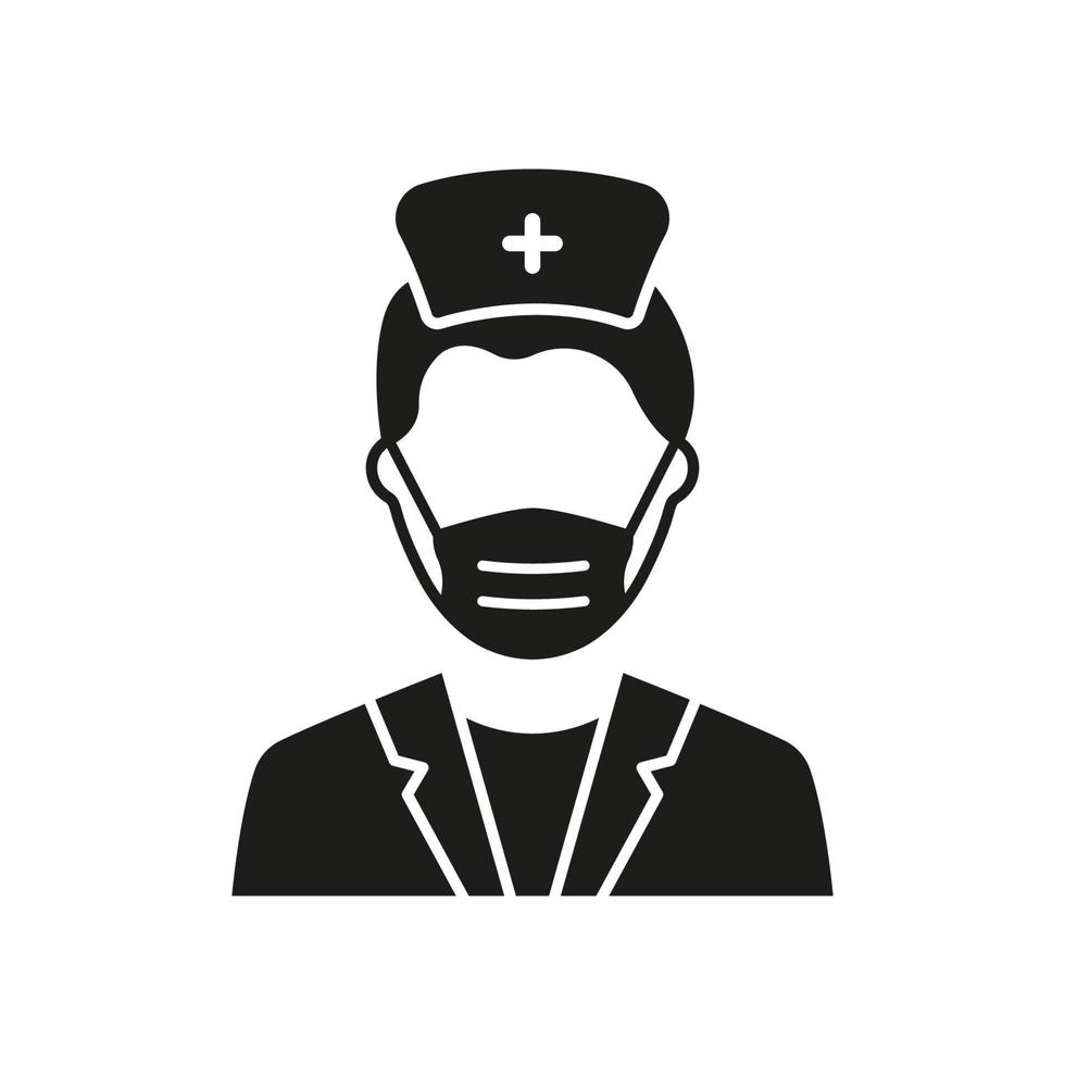 Chirurg Mann Arzt in Gesichtsmaske Silhouette Symbol. Spezialist für plastische Chirurgie für medizinische Maske Glyphe schwarzes Piktogramm. professionelles chirurgenpersonal im krankenhaus-symbol. isolierte Vektorillustration. vektor