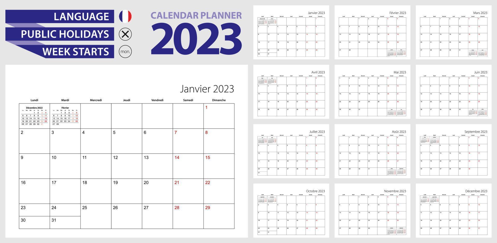 Französischer Kalenderplaner für 2023. Französische Sprache, Woche beginnt am Montag. vektor