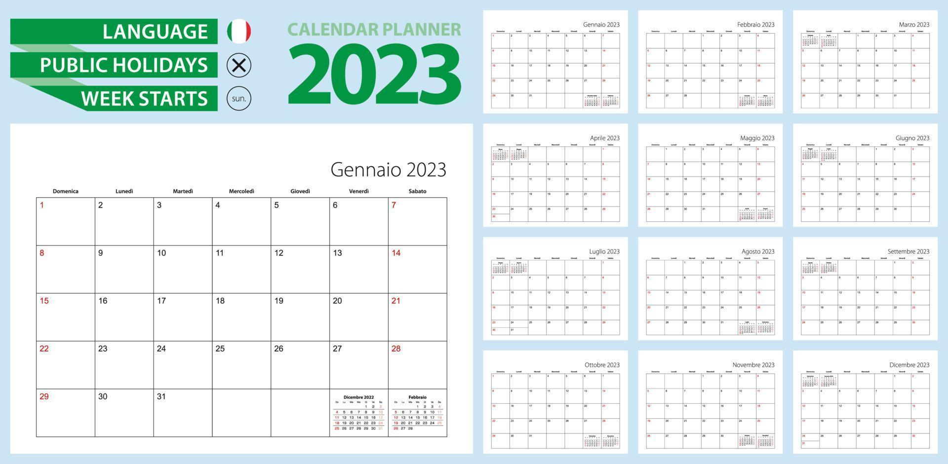 Italienischer Kalenderplaner für 2023. Italienische Sprache, Woche beginnt am Sonntag. vektor