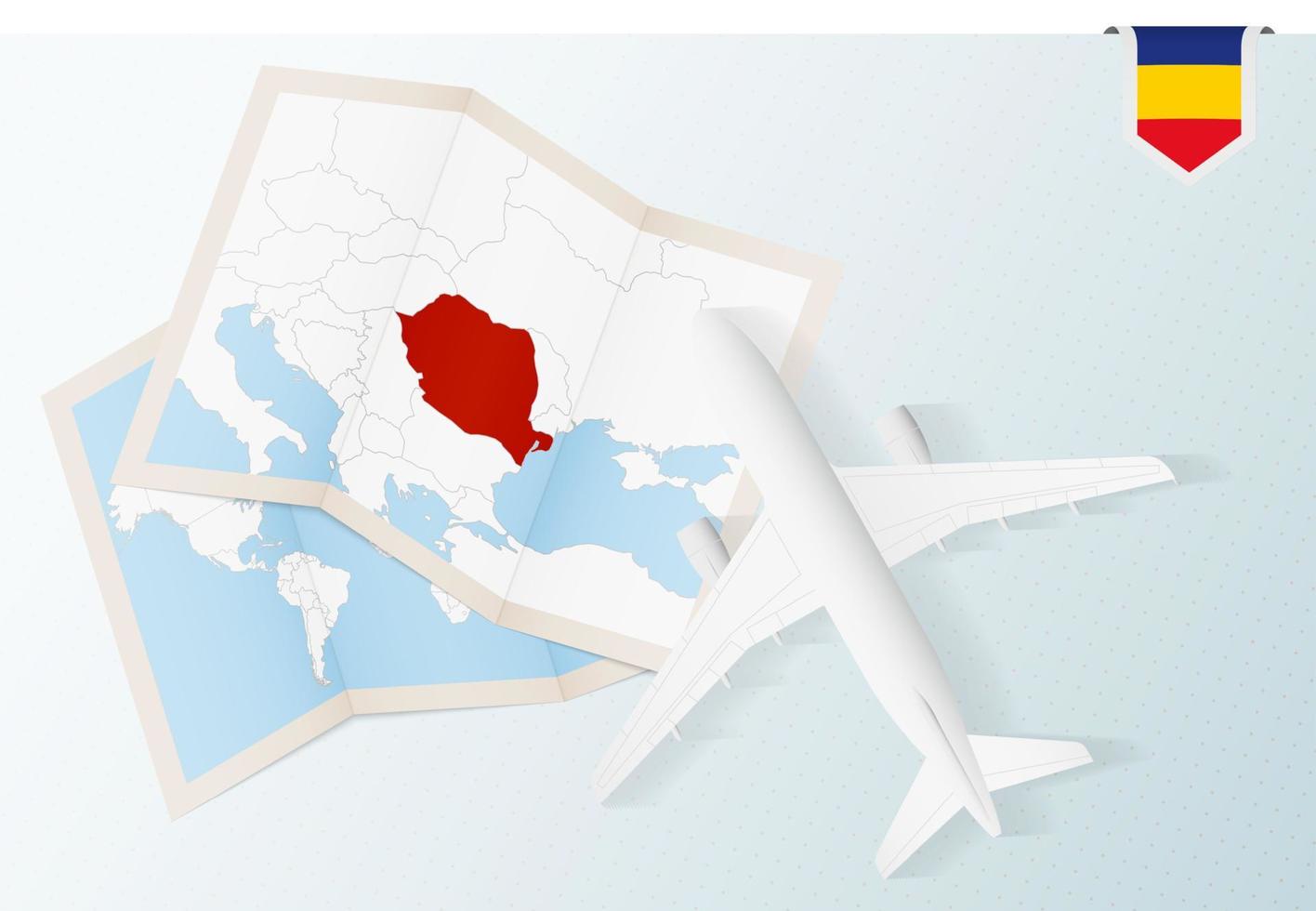 resa till Rumänien, topp se flygplan med Karta och flagga av Rumänien. vektor