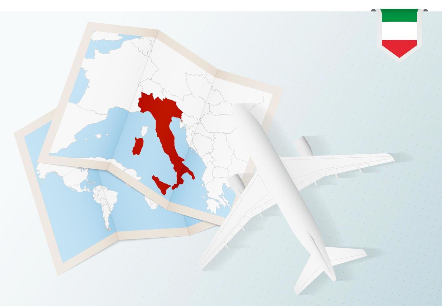 reise nach italien, draufsichtflugzeug mit karte und flagge von italien. vektor