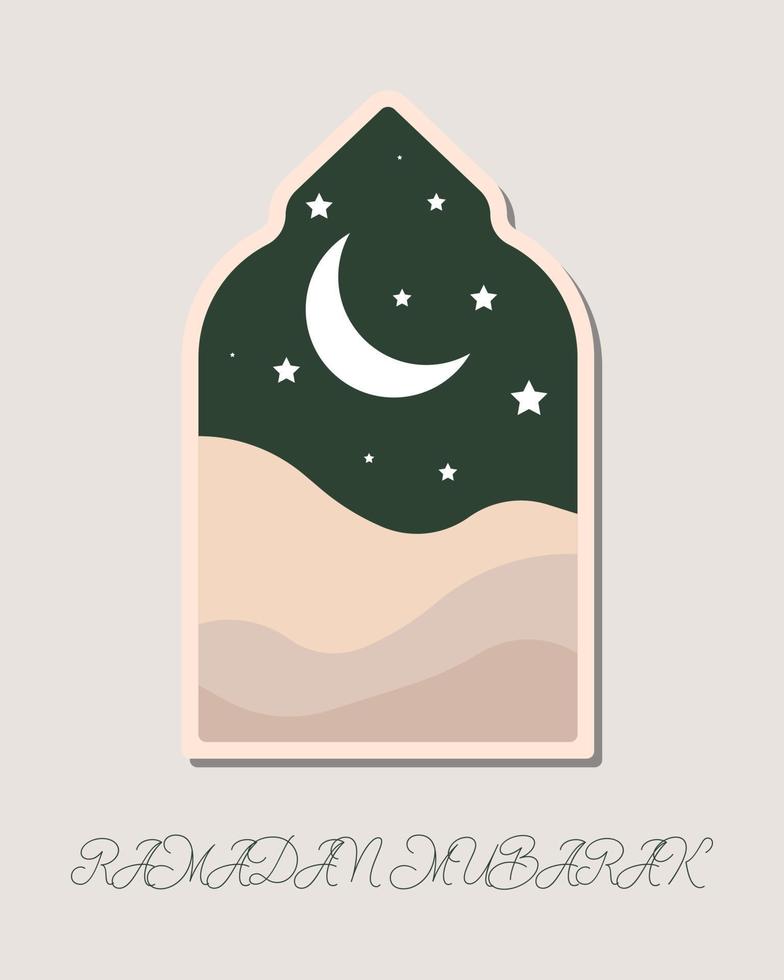 eps10 modern stil ramadan mubarak hälsning kort med retro boho design, måne, moské kupol och lyktor isolerat på grå bakgrund vektor