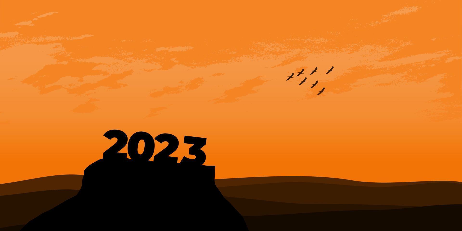 frohes neues jahr 2023 mit großen silhouettenbuchstaben auf dem berg mit einem wunderschönen sonnenuntergang für erfolgskonzept. Neujahrskonzept vektor