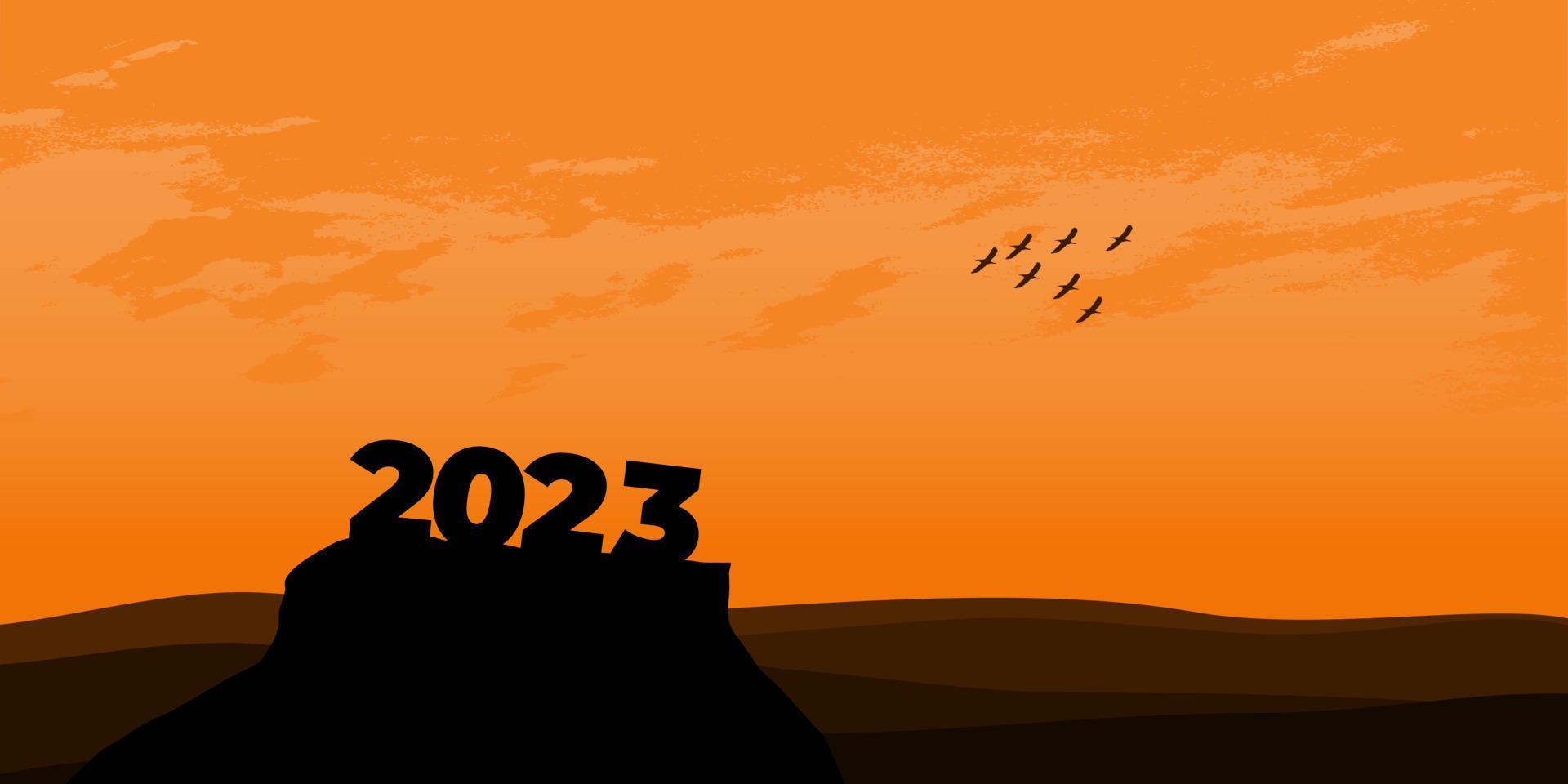 Lycklig ny år 2023 med stor silhuett brev på de berg med en skön solnedgång för Framgång begrepp. ny år begrepp vektor