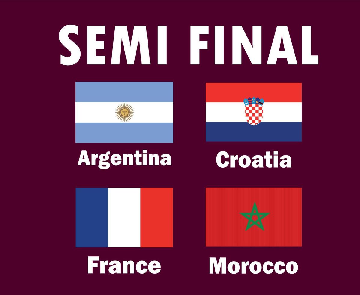 semi slutlig tändstickor länder flagga emblem Frankrike argentina kroatien och marocko med namn symbol design fotboll slutlig vektor länder fotboll lag illustration