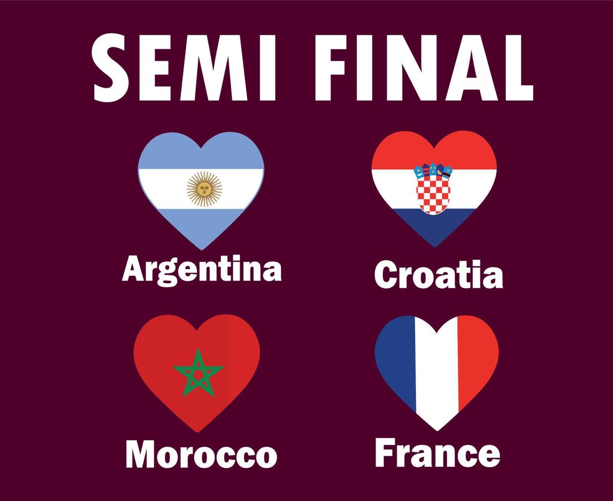 halbfinalspiele länder flagge herz frankreich argentinien kroatien und marokko mit namen symbol design fußball finale vektor länder fußballmannschaften illustration