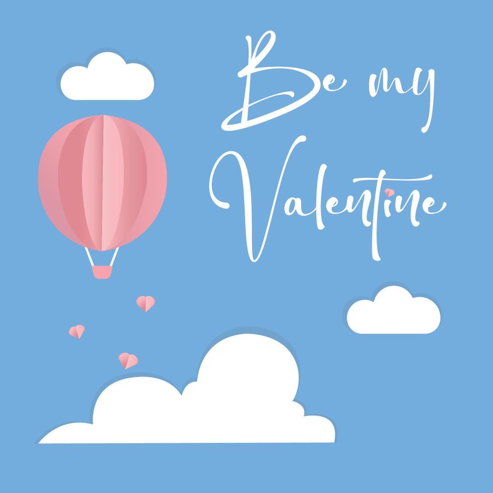 vektorliebespostkarte für valentinstag mit rosa ballon und fliegenden herzen, papierschnittwolken und blauem hintergrund vektor