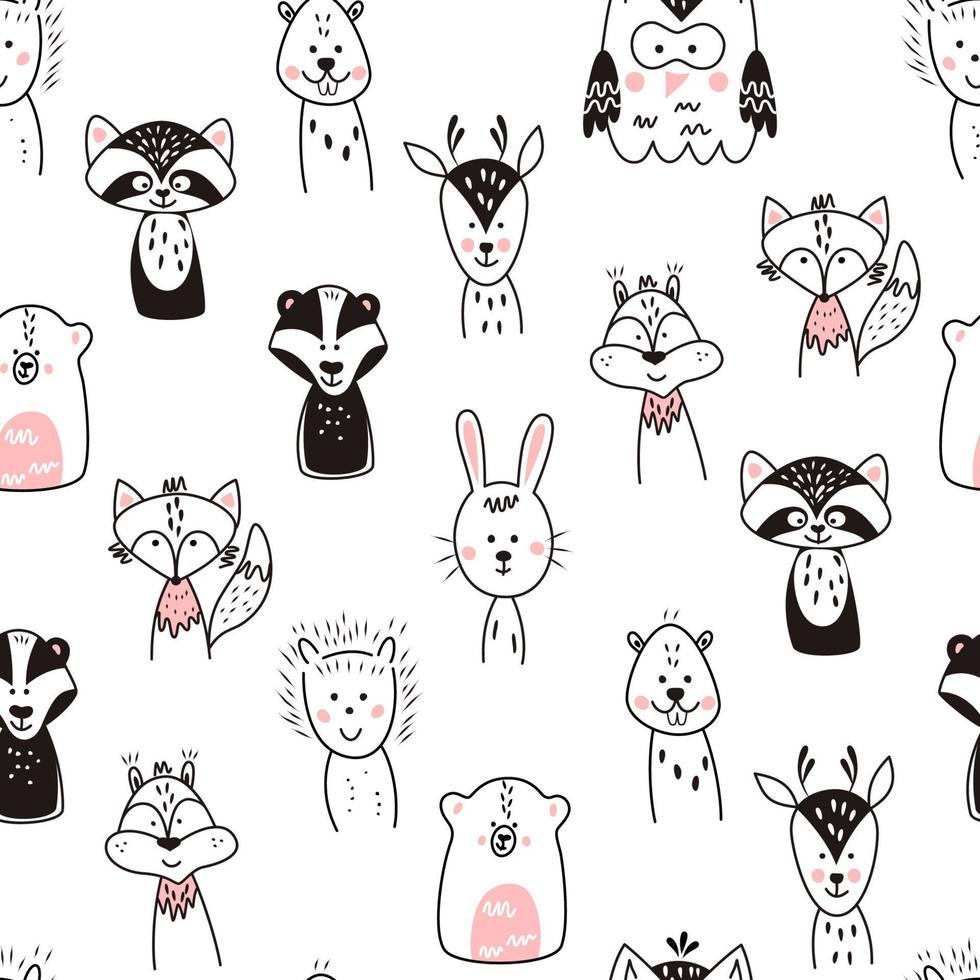 Nahtloses Muster mit niedlichen Tieren im skandinavischen Stil. Vektor lustige Illustration für Kinder.