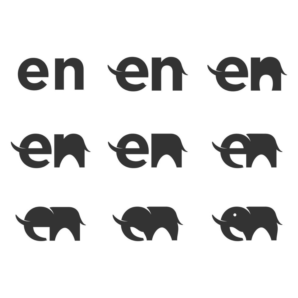 enkel logotyp, de silhuett av de brev e och n långsamt blir en unik elefant vektor