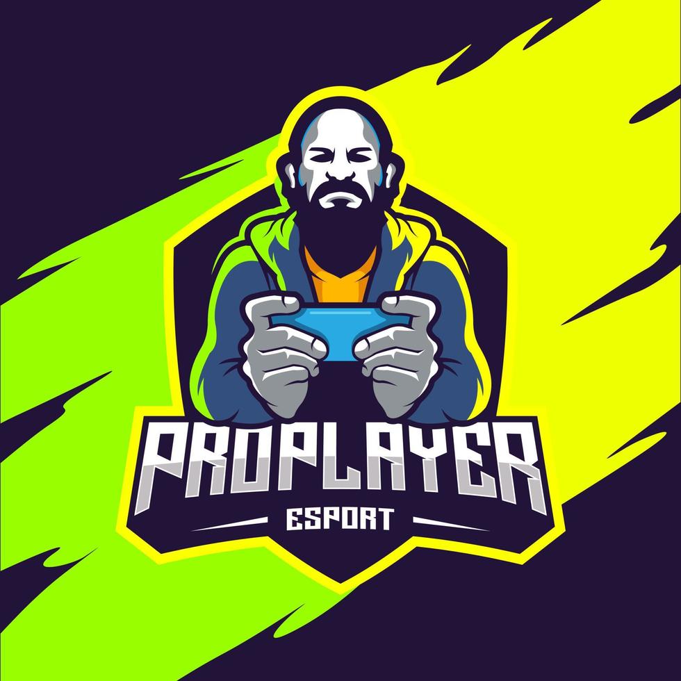 pro player esport logo bärtiger kahlköpfiger mann mit einem handy vektor