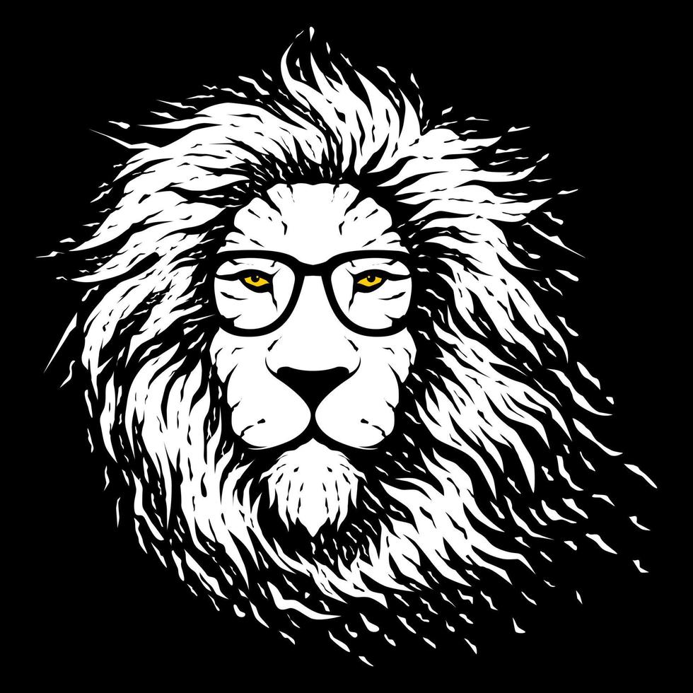 Illustration eines alten Löwenkopfes mit gelben Augen, der eine Brille mit einer langen Mähne trägt, die im Wind schwankt vektor
